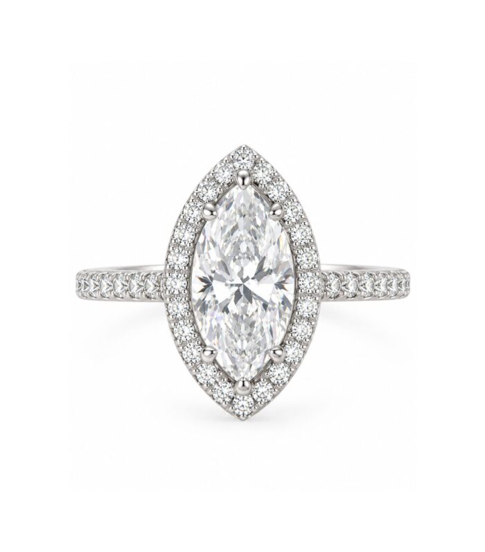 Marquise Diamond Halo Engagement Ring with Pavé Band