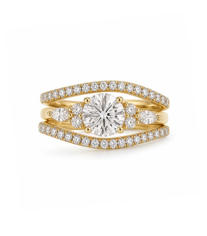 Round Diamond Three-Piece Ring Stack with Curved Pavé Bands