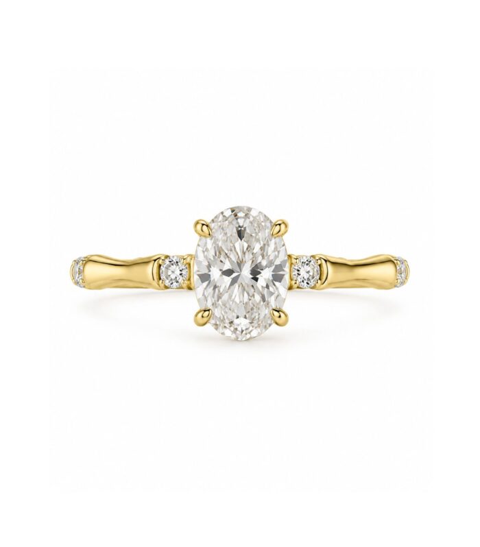 Oval Diamond Ring with Bamboo Band & Hidden Halo